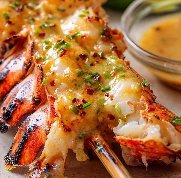 Grilled lobster tail skewers ready to serve on a barbecue grill