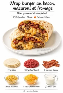 Bacon Mac and Cheese Burger Wrap with crispy bacon and creamy cheese sauce
