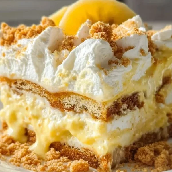 Delicious banana pudding lasagna dessert with layers of cream and banana