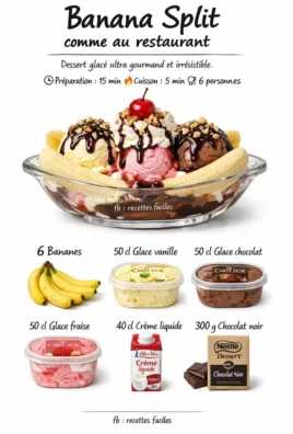Delicious banana split dessert with ice cream, banana, and toppings