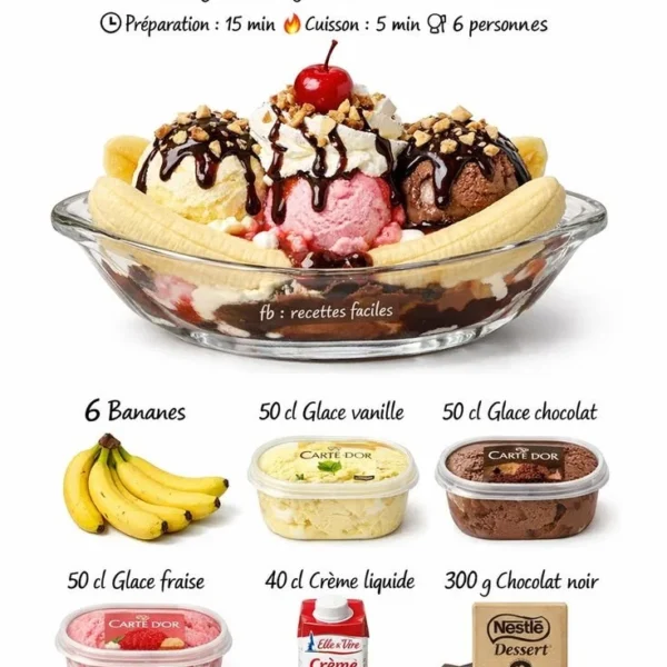Delicious banana split dessert with ice cream, banana, and toppings