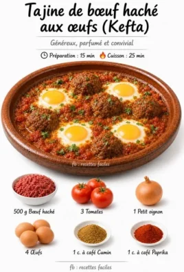 Delicious Beef Kefta Tagine with Eggs served in a traditional pot.