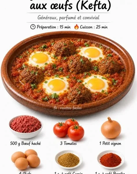 Delicious Beef Kefta Tagine with Eggs served in a traditional pot.