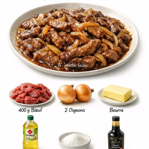 Delicious beef sauté with caramelized onions served on a plate
