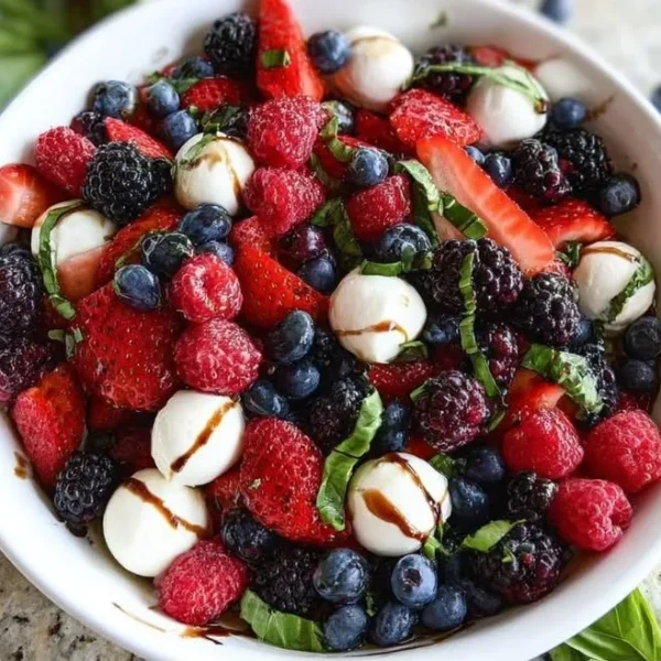 Berry Caprese Salad with strawberries, mozzarella, and fresh basil