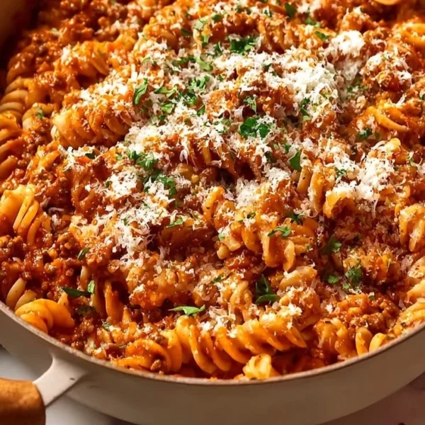 Delicious beef pasta served with fresh herbs and cheese