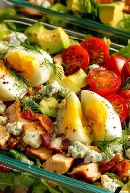 Colorful and fresh Cobb salad with greens, chicken, bacon, avocado, and eggs.