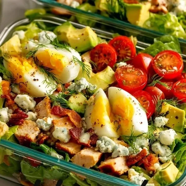 Colorful and fresh Cobb salad with greens, chicken, bacon, avocado, and eggs.