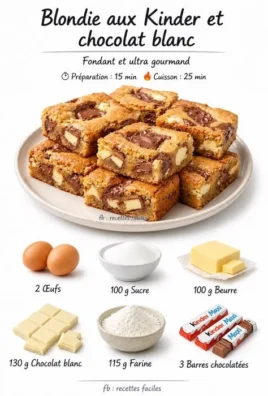 Delicious Blondie dessert topped with Kinder chocolate and white chocolate