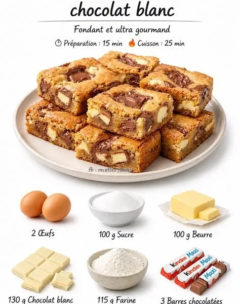 Delicious Blondie dessert topped with Kinder chocolate and white chocolate