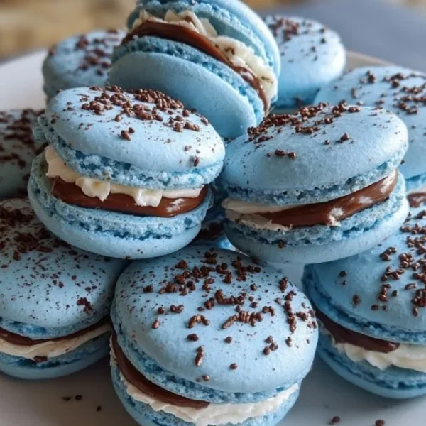 Blue macarons filled with chocolate ganache on a decorative plate.