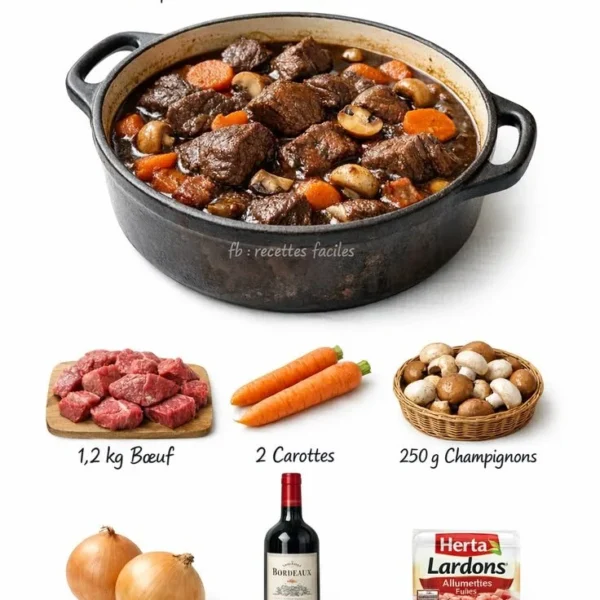 Plat de bœuf bourguignon traditionnel servi avec des légumes et du vin rouge.
