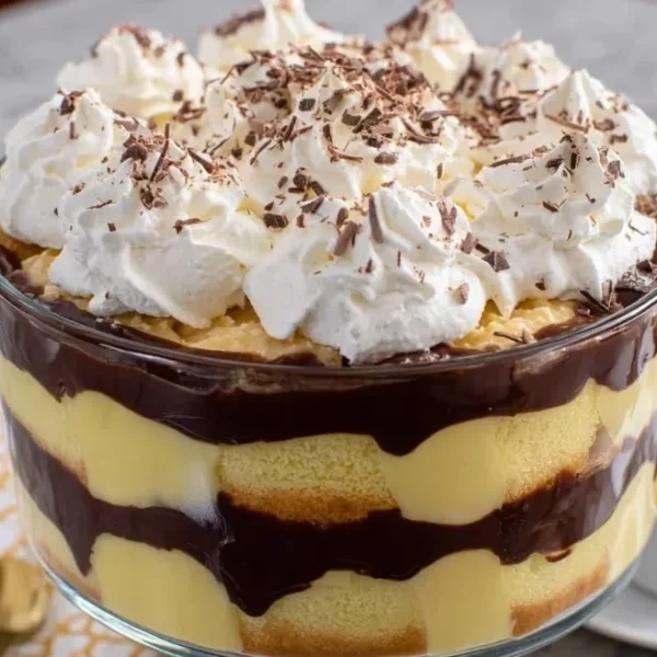 Boston Cream Pie Trifle with layers of custard and chocolate ganache