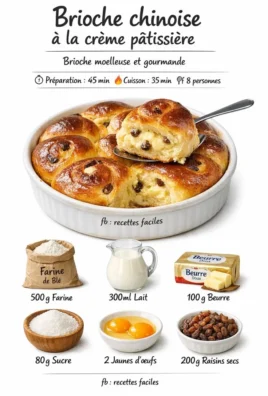 Brioche chinoise à la crème pâtissière, douce et moelleuse, garnie de crème.