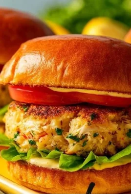 Delicious brioche crab cake sandwich topped with fresh ingredients