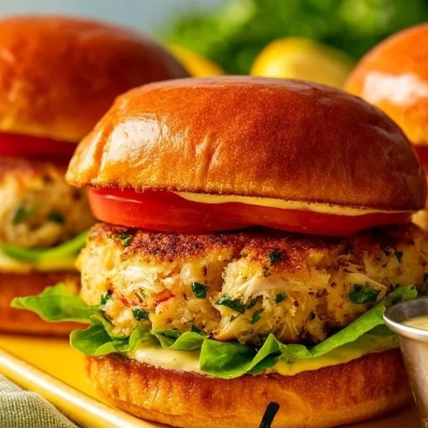 Delicious brioche crab cake sandwich topped with fresh ingredients