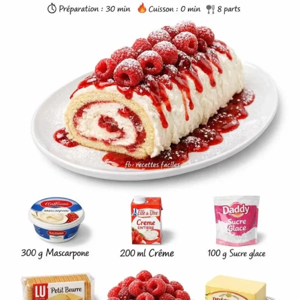 Bûche mascarpone framboise sans cuisson, dessert festif et savoureux