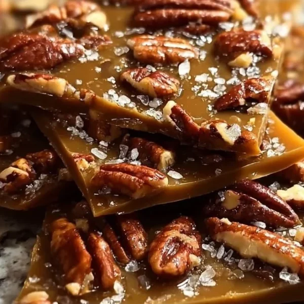 Delicious homemade butter pecan toffee bark with nuts on a plate