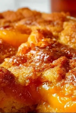 Buttery Peach Dump Cake topped with fresh peaches and golden crust