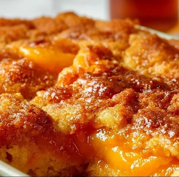 Buttery Peach Dump Cake topped with fresh peaches and golden crust
