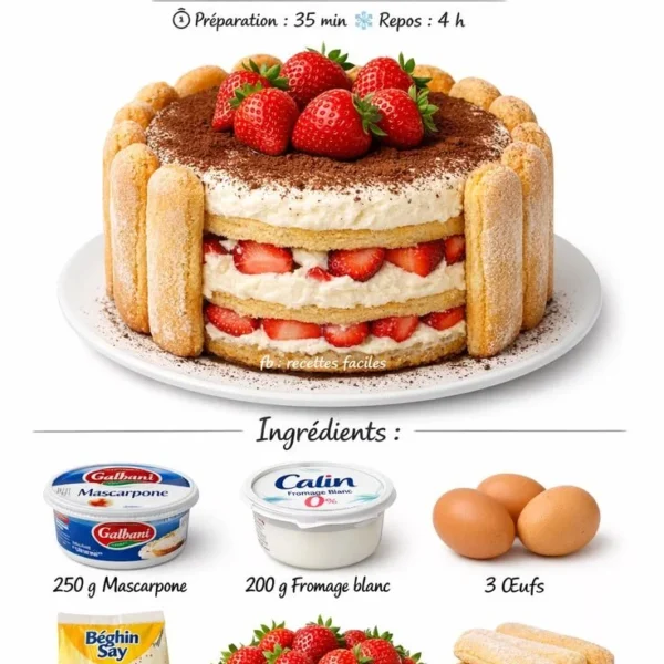 Photo d'une Charlotte aux Fraises Façon Tiramisu, un dessert savoureux et élégant.