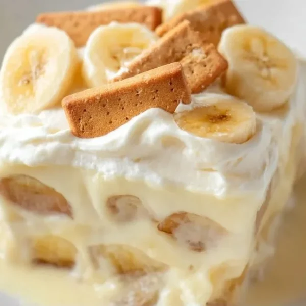 Delicious Chessman Banana Pudding in a glass dish with layers of bananas and cookies.