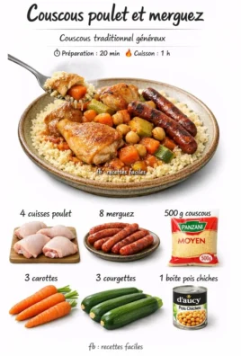 Delicious Chicken Merguez Couscous served with fresh vegetables and spices.
