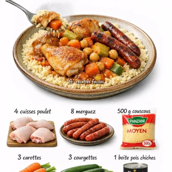 Delicious Chicken Merguez Couscous served with fresh vegetables and spices.