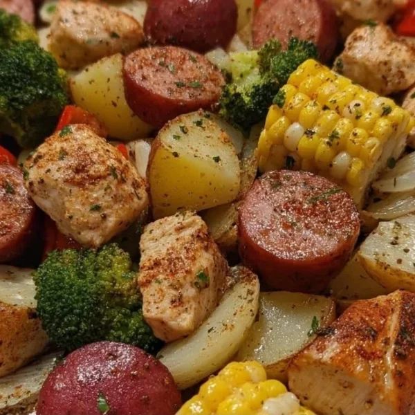Foil packets containing chicken, sausage, potatoes, broccoli, and corn for grilling.