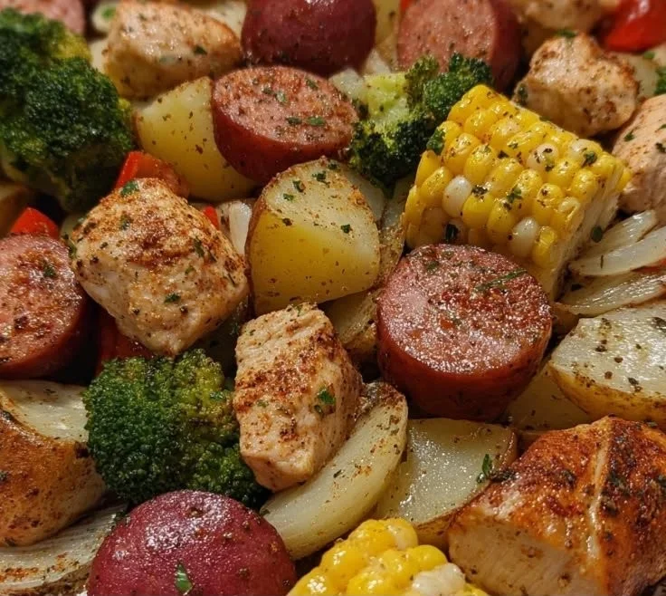 Chicken, Sausage, Potatoes, Broccoli And Corn Foil Packets