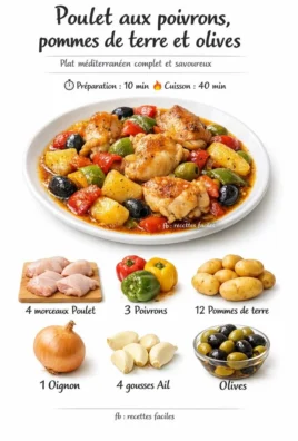 Dish of chicken with peppers, potatoes, onions, and olives served on a plate