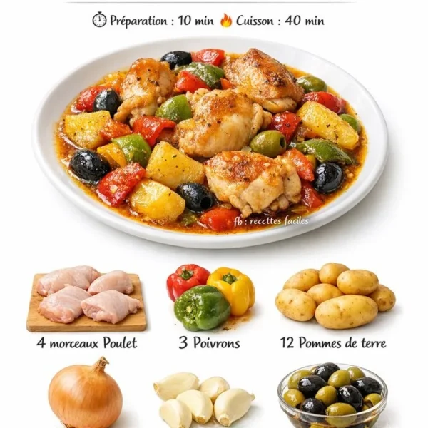 Dish of chicken with peppers, potatoes, onions, and olives served on a plate