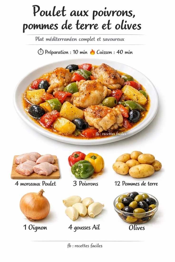 Chicken with peppers, potatoes, onions, and olives