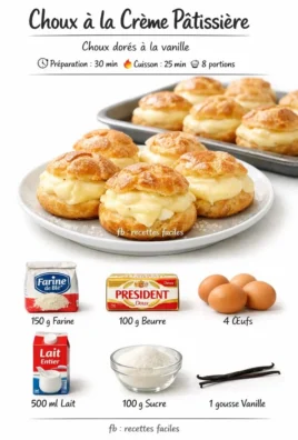 Choux à la Crème Pâtissière garnis de crème, présentés sur un fond appétissant.