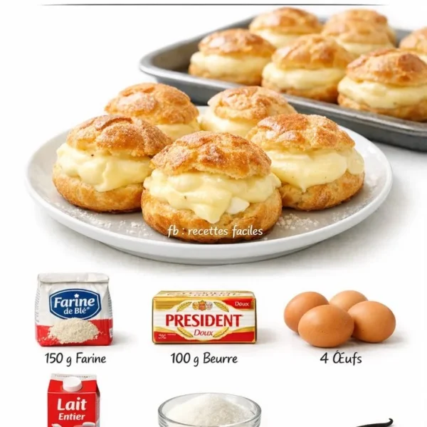 Choux à la Crème Pâtissière garnis de crème, présentés sur un fond appétissant.