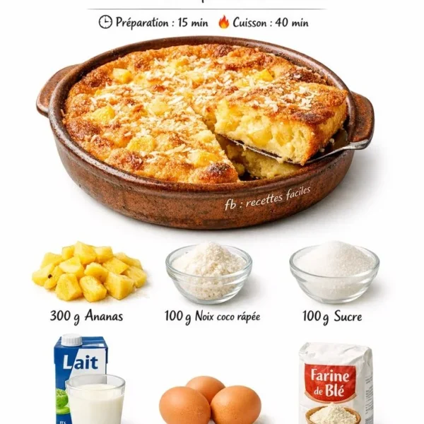 Clafoutis à l’ananas et noix de coco, un dessert savoureux et coloré.