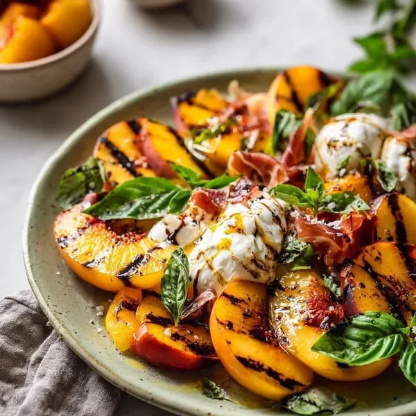Classic grilled peach burrata served with prosciutto on a plate