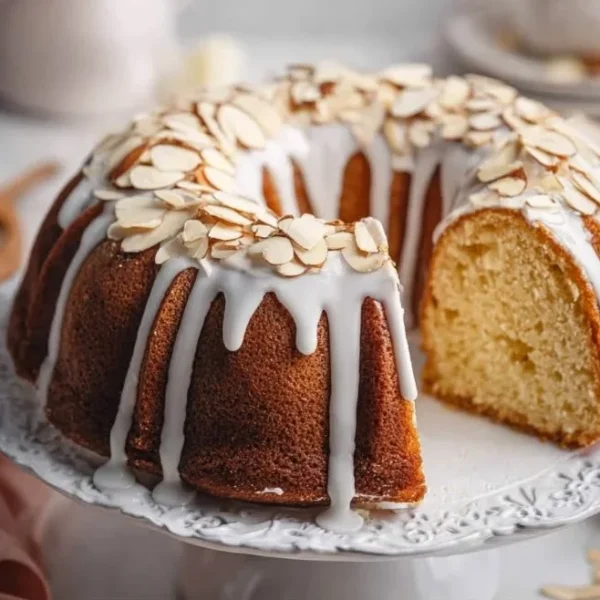 Freshly baked classic pound cake, golden and moist, served on a white plate.