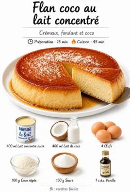 Delicious Coconut Flan topped with caramel sauce and made with condensed milk