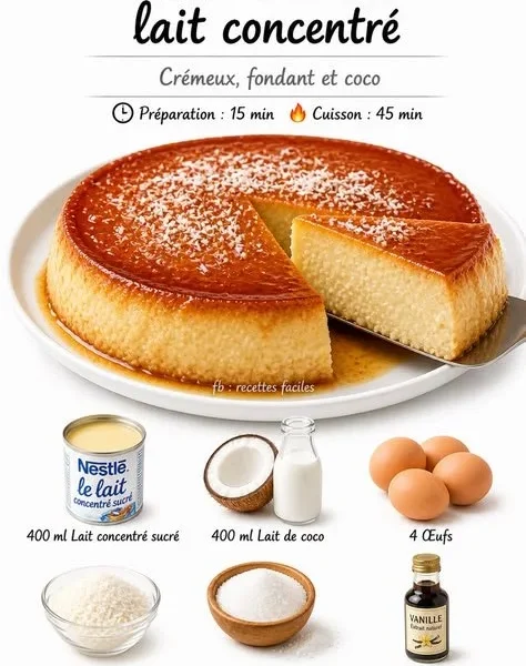 Delicious Coconut Flan topped with caramel sauce and made with condensed milk