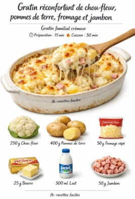 Delicious cauliflower gratin with potatoes, cheese, and ham ready to serve
