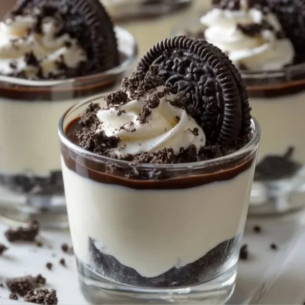 Delicious cookies and cream pudding shots served in a glass