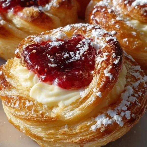 Creamy Cheese Cruffins served with raspberry jam on a plate