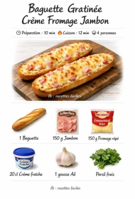 Creamy gratin baguette topped with cheese and ham, baked until golden