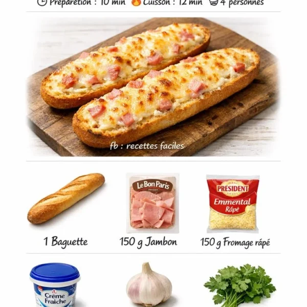 Creamy gratin baguette topped with cheese and ham, baked until golden