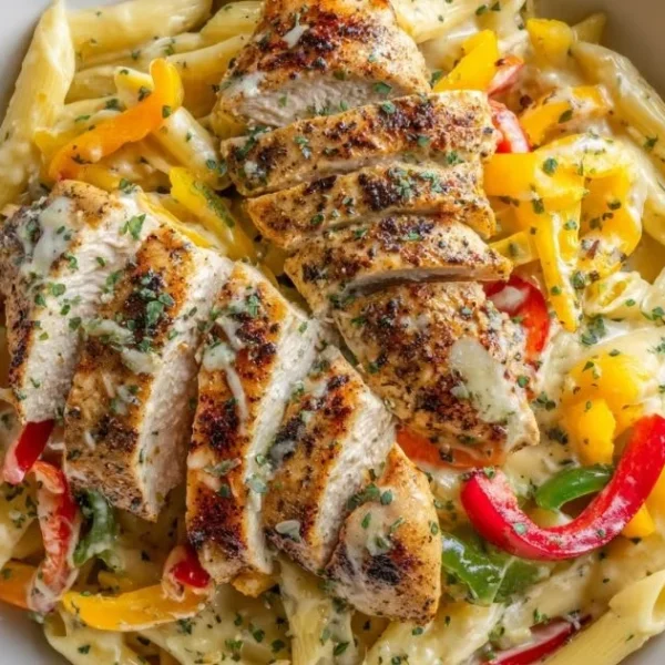 Creamy jerk chicken rasta pasta in a bowl with herbs and spices