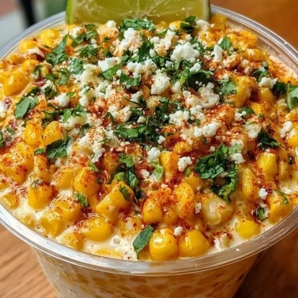 Creamy Mexican street corn cup topped with spices and lime