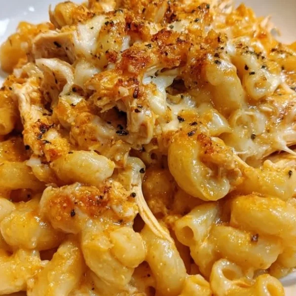 Crockpot Buffalo Chicken Mac & Cheese in a bowl, garnished with herbs