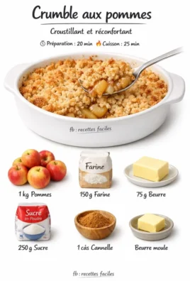 Crumble aux pommes doré, servi dans un bol avec une cuillère en bois.
