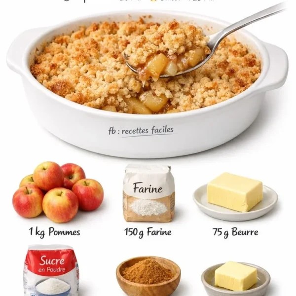 Crumble aux pommes doré, servi dans un bol avec une cuillère en bois.